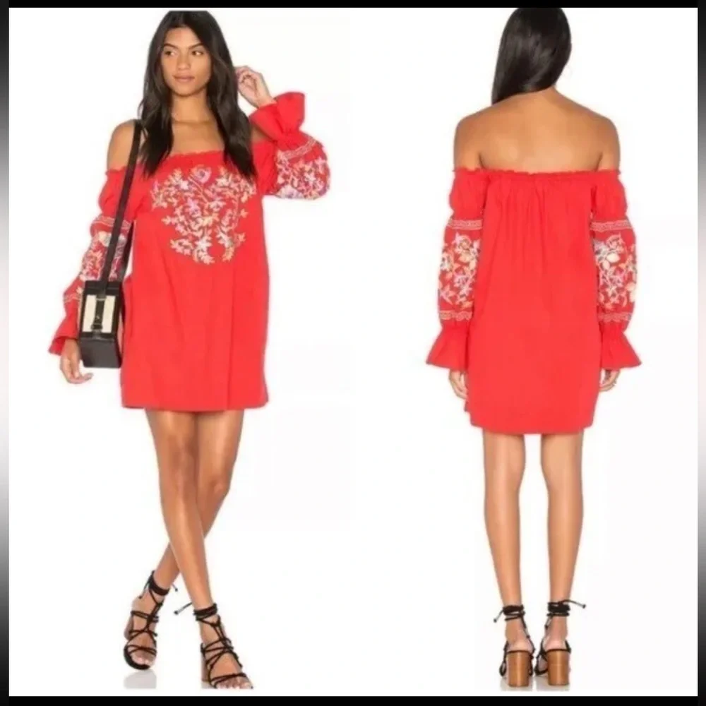 Free People Fleur Du Jour Embroidered Floral‎ Tunic Shift Mini Dress Boho XS/TP
